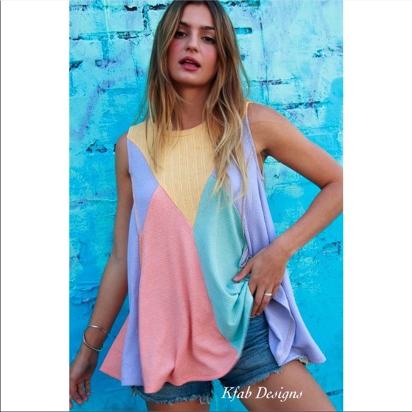 LAST 1! Multi Color Soft Color Block Waffle Knit Out-Seam Overlock Top! - Picture 3 of 8
